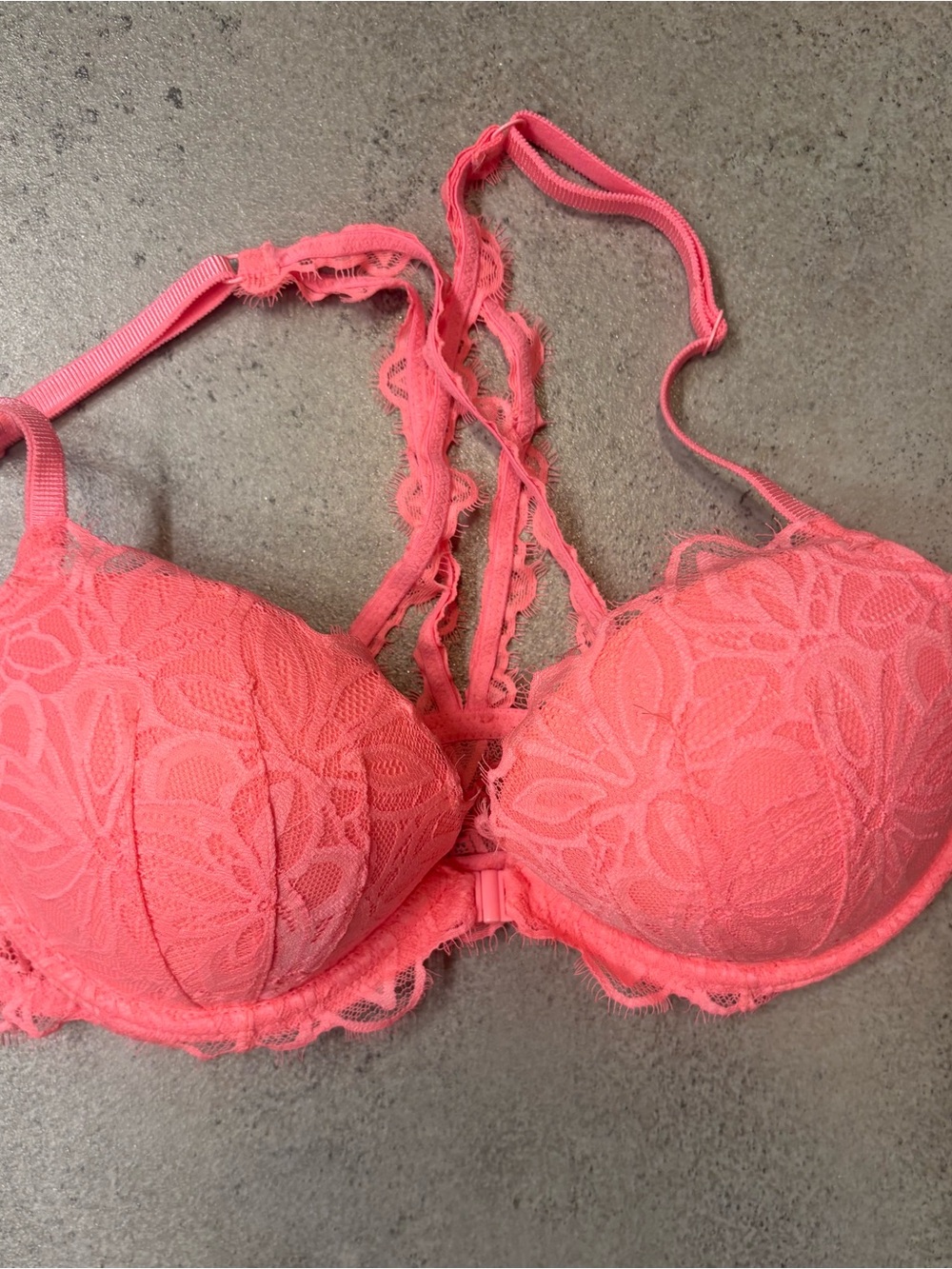 PINK Victoria’s Secret Coral Pink Lace Racerback Front-Close Bra 34D - Picture 3 of 9